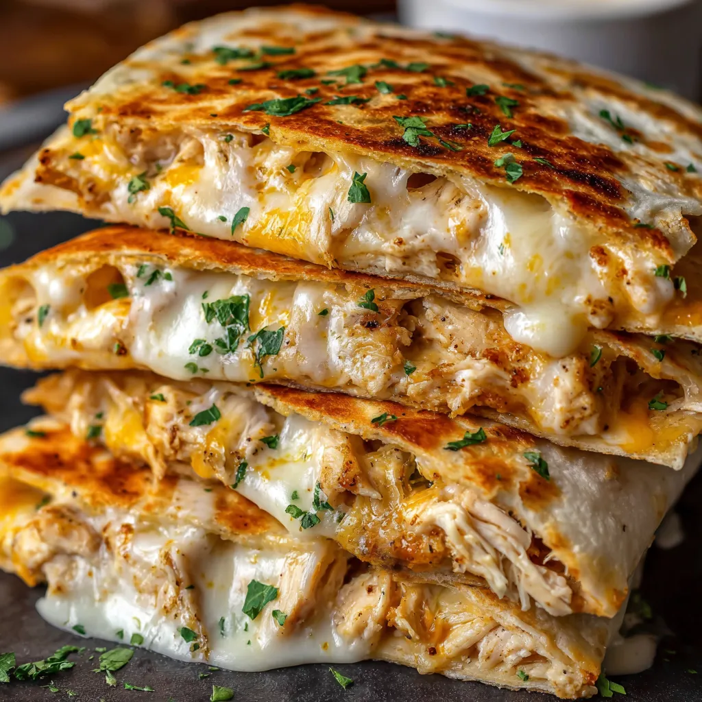 A stack of cheesy garlic chicken wraps.