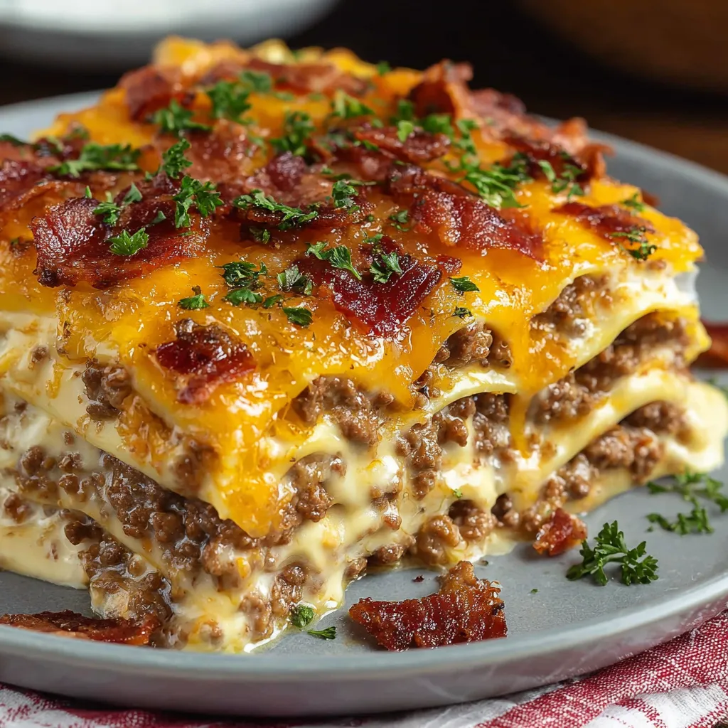 A cheeseburger lasagna with bacon and parmesan cheese.