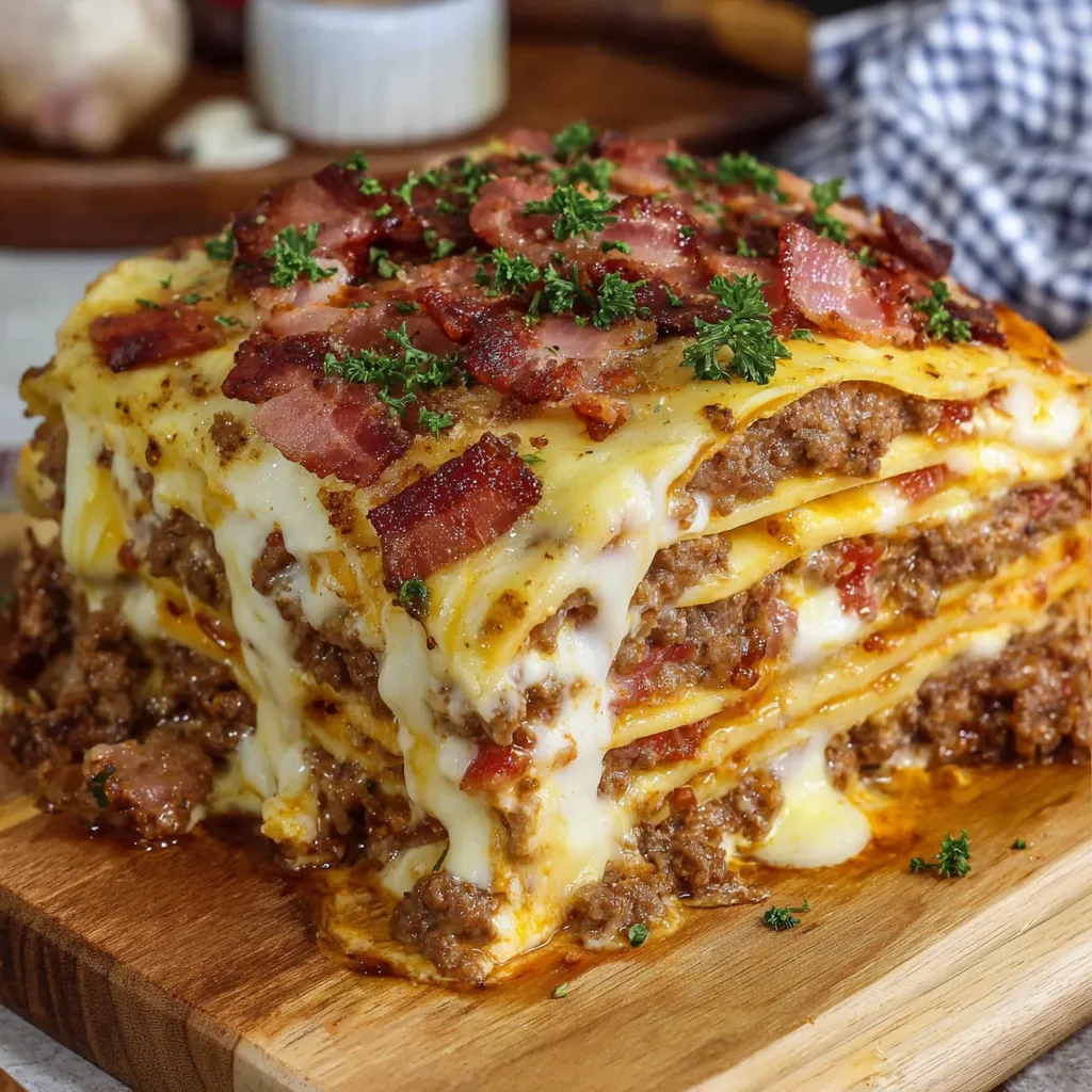 A large cheeseburger lasagna with bacon and parmesan cheese.