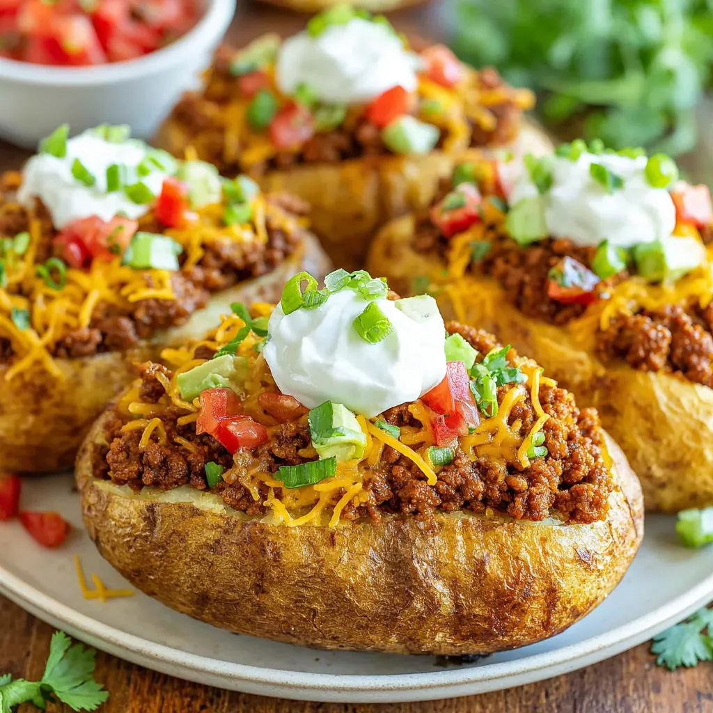 Baked potatoes with taco stuffing on top.