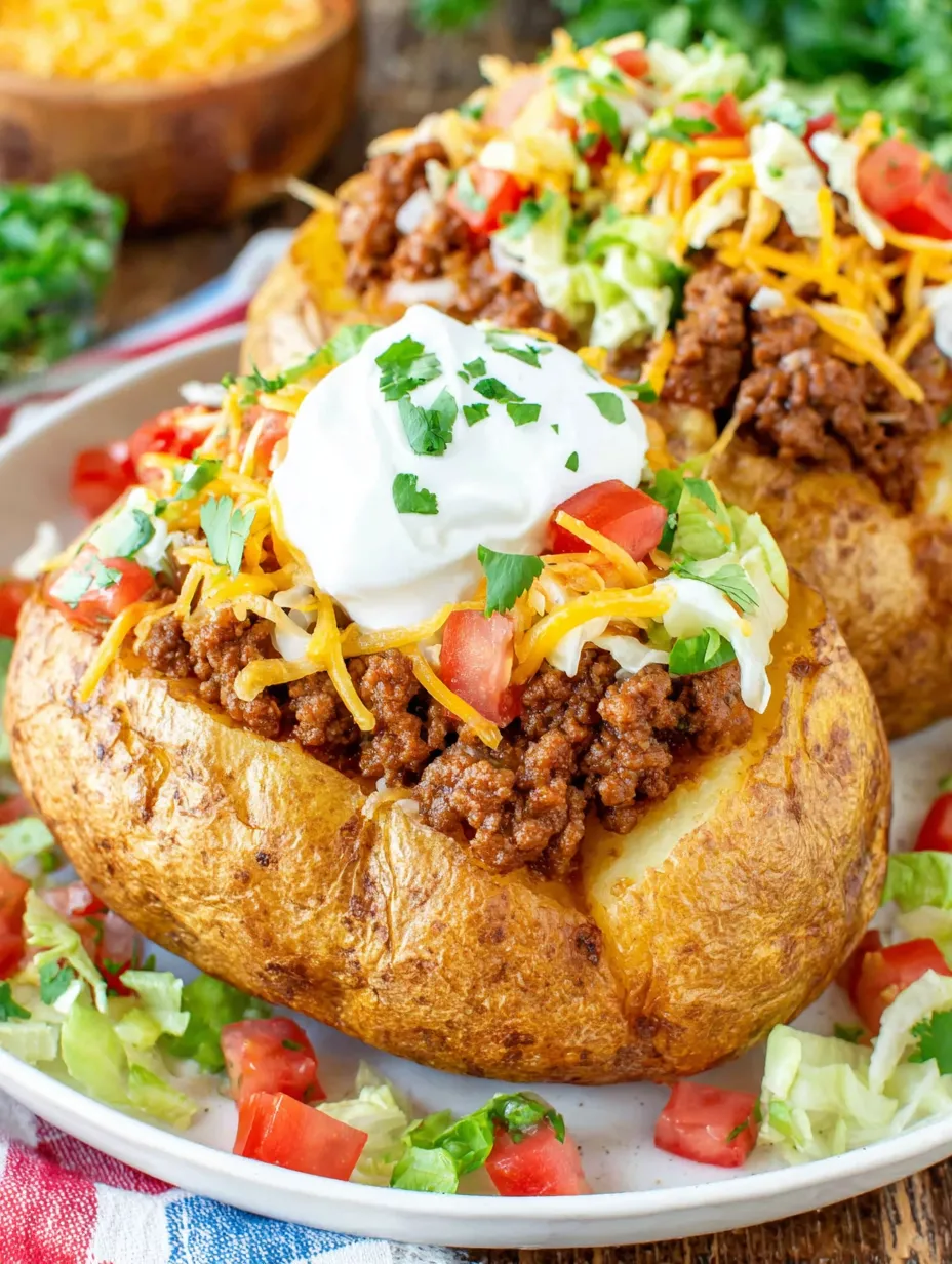 Two baked potatoes with cheese and sour cream on top.
