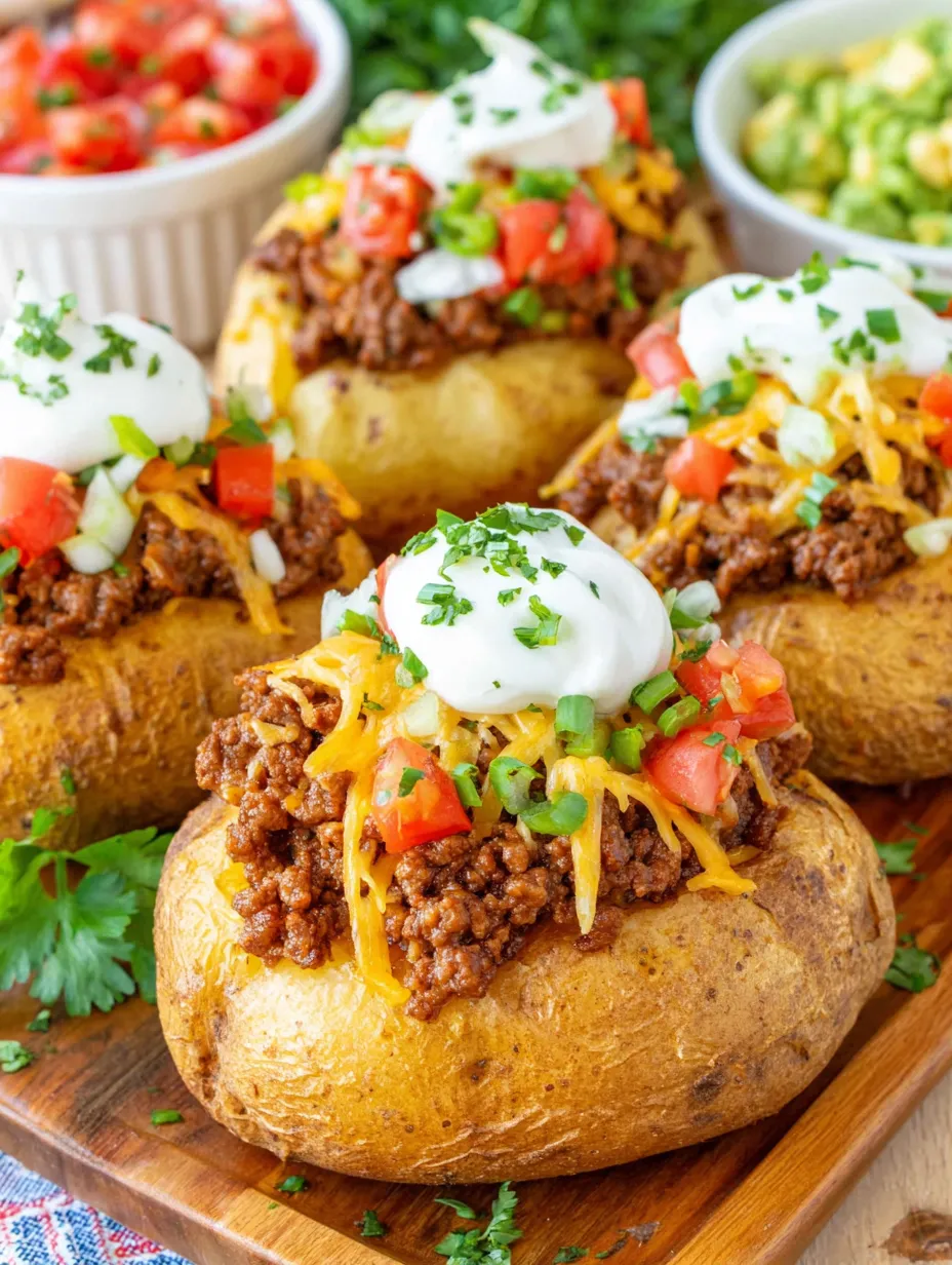 A plate of baked potatoes with toppings.