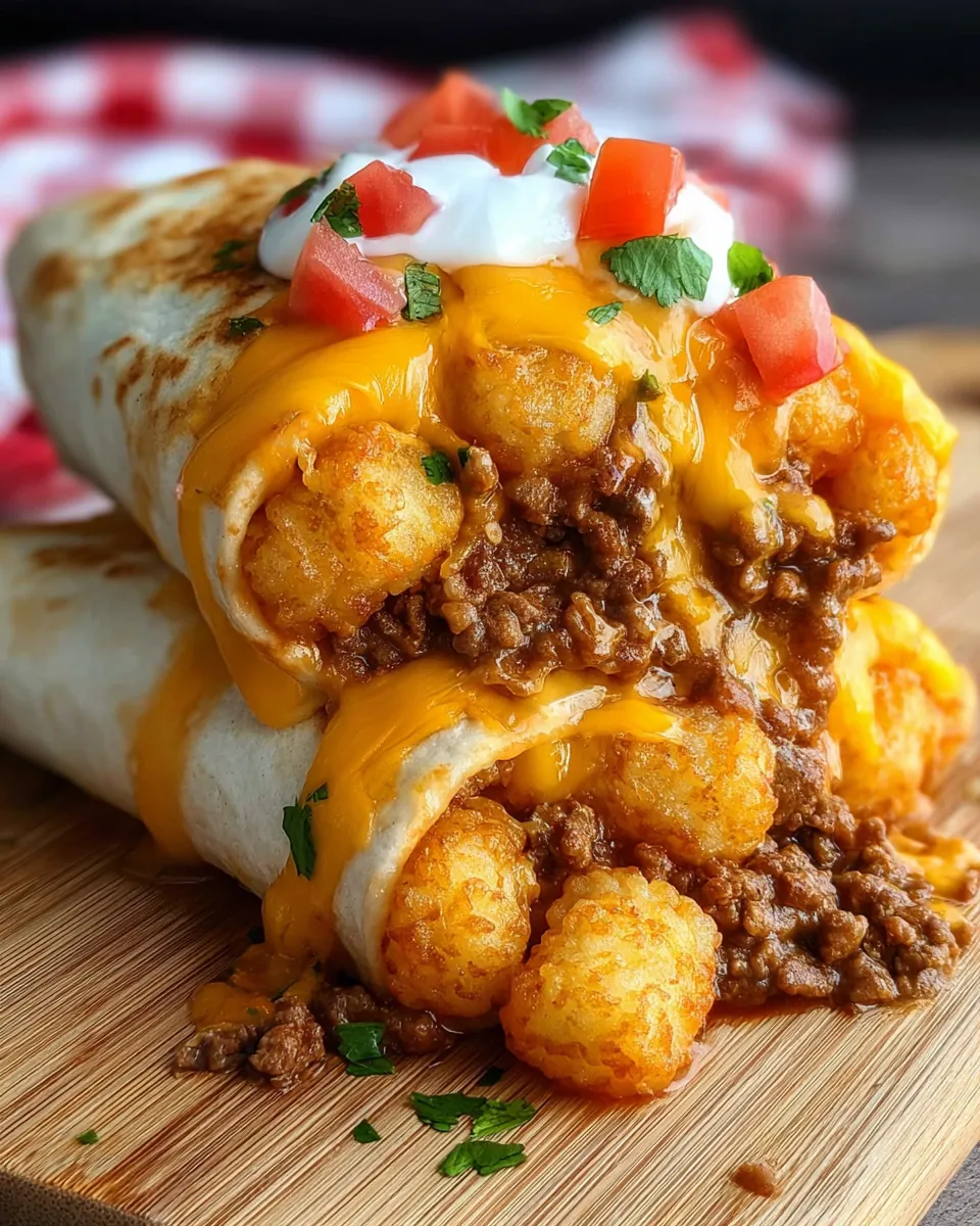 A cheesy potato burrito with beef.