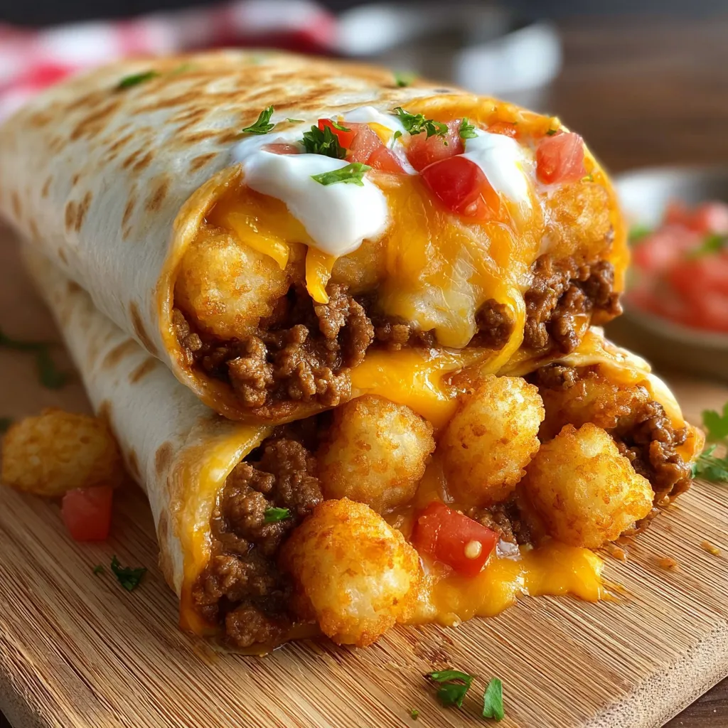 A cheesy potato burrito with beef.