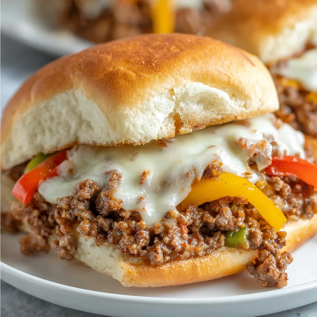 A sandwich with meat and cheese on a white plate.