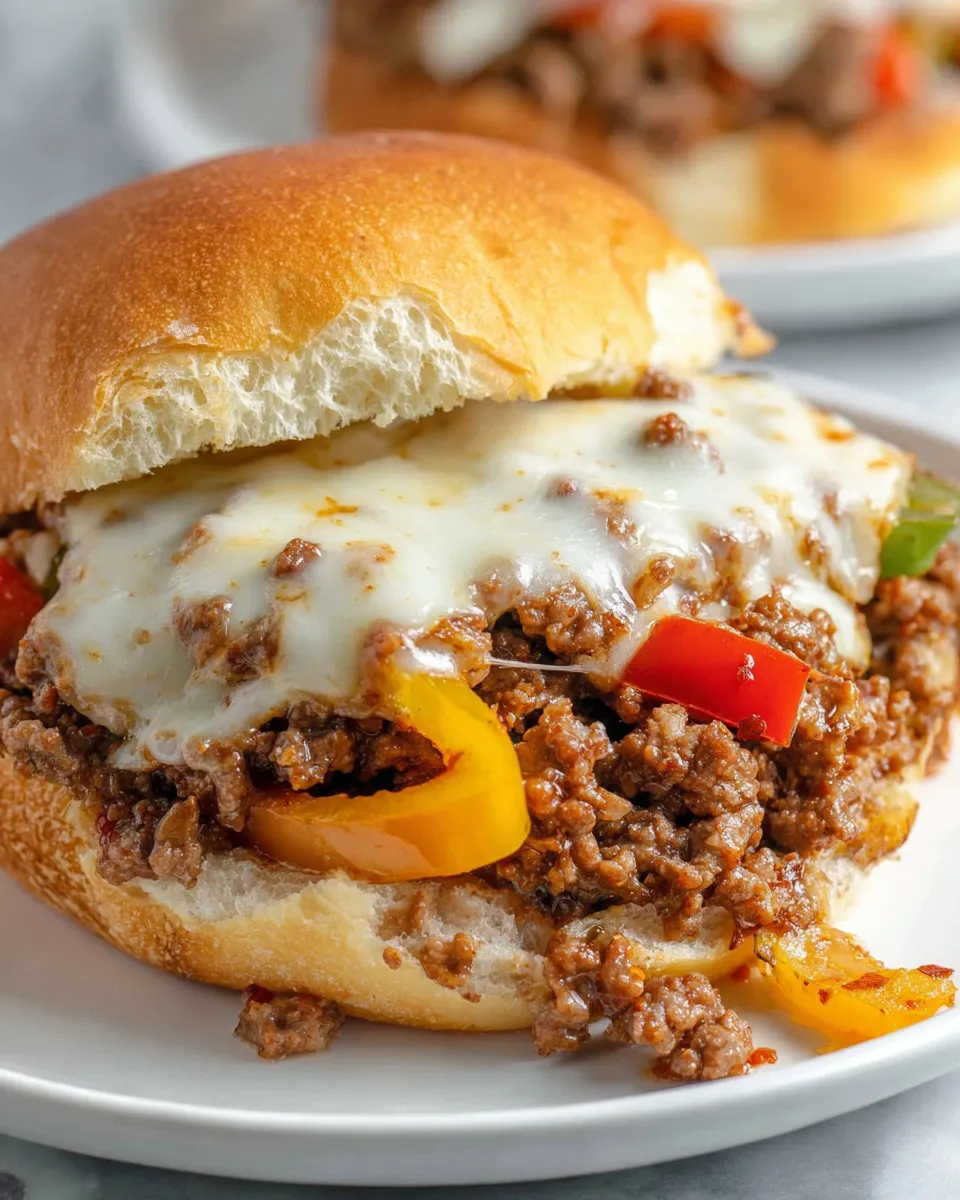 A sloppy joe sandwich with peppers and cheese.