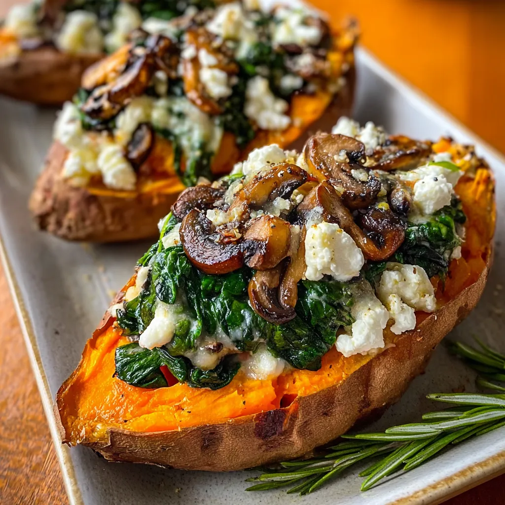 Two stuffed sweet potatoes with spinach, avocado, mushroom and feta.