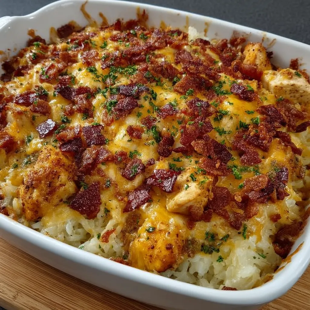 A dish of chicken bacon ranch tater tot casserole.