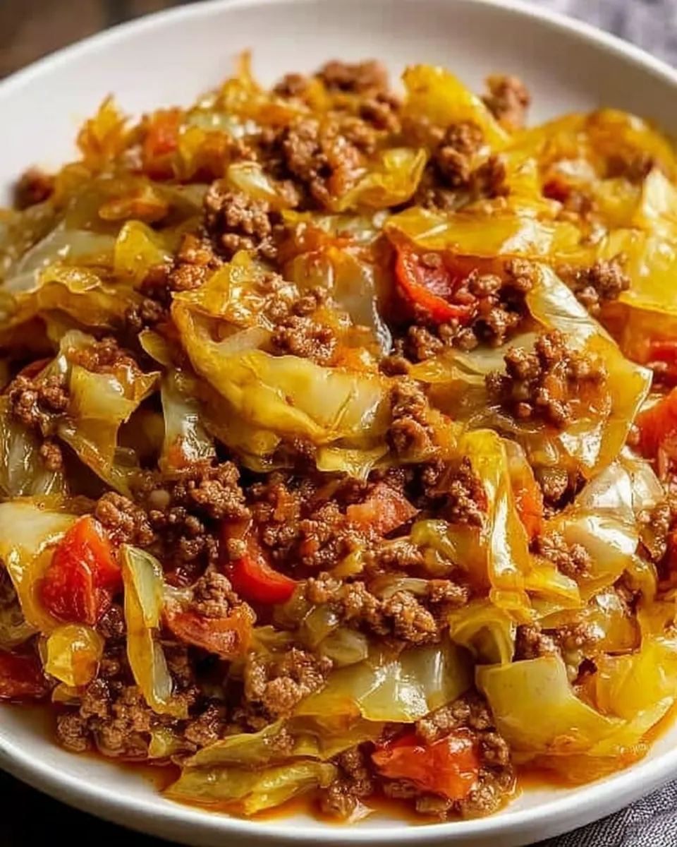 A bowl of beef and cabbage.