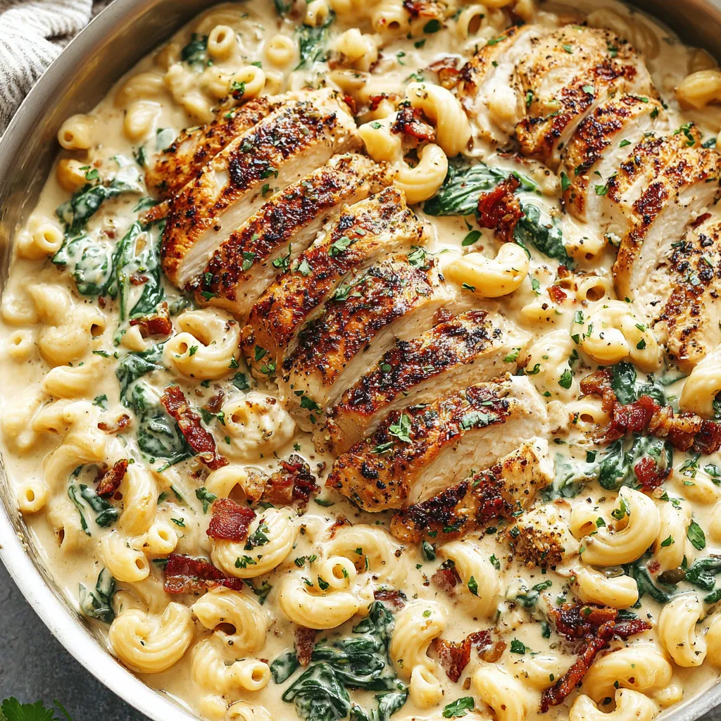 A dish of Tuscan chicken mac and cheese.