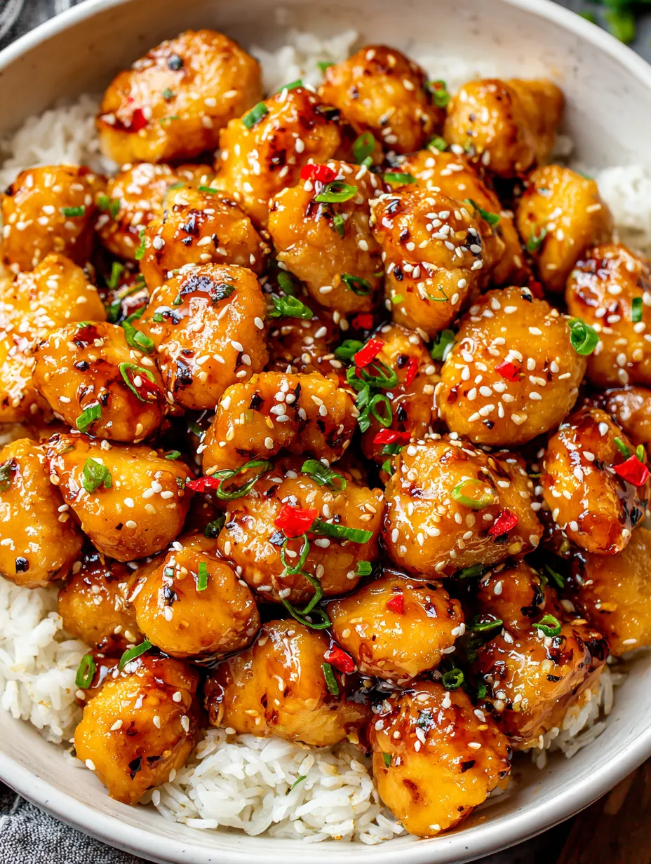 A bowl of honey garlic chicken bites.