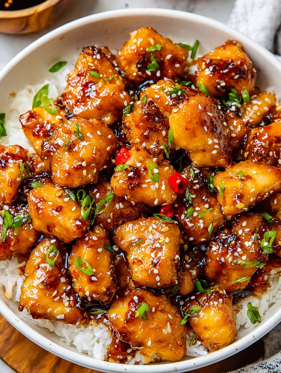 A bowl of honey garlic chicken bites.