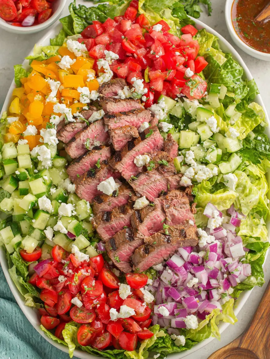 A salad with chopped flank steak and various vegetables.