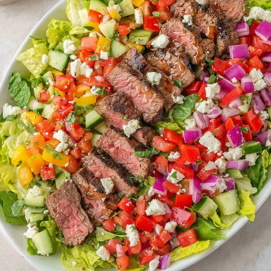 A salad with chopped flank steak.