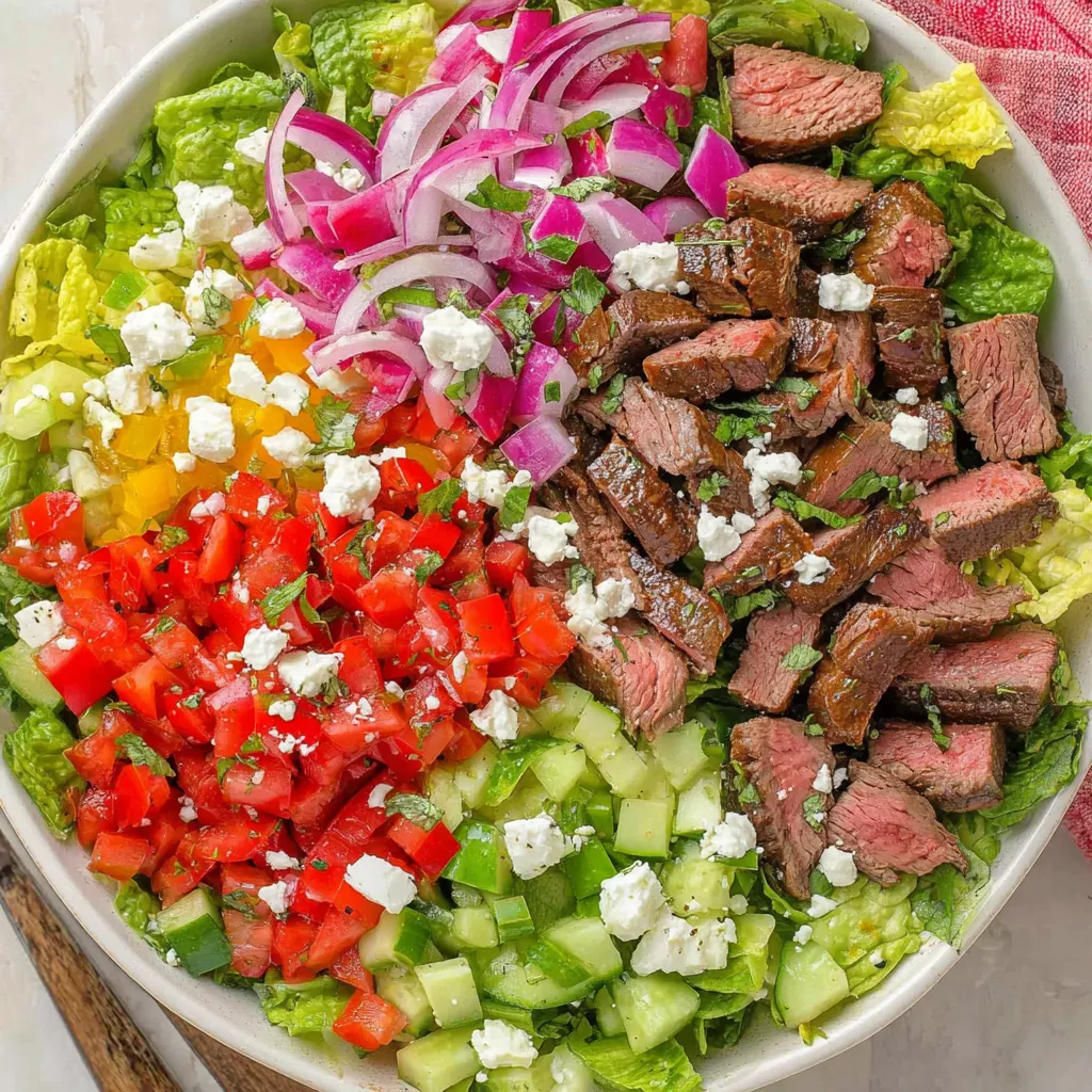 A salad with chopped flank steak, tomatoes, onions, and cucumbers.
