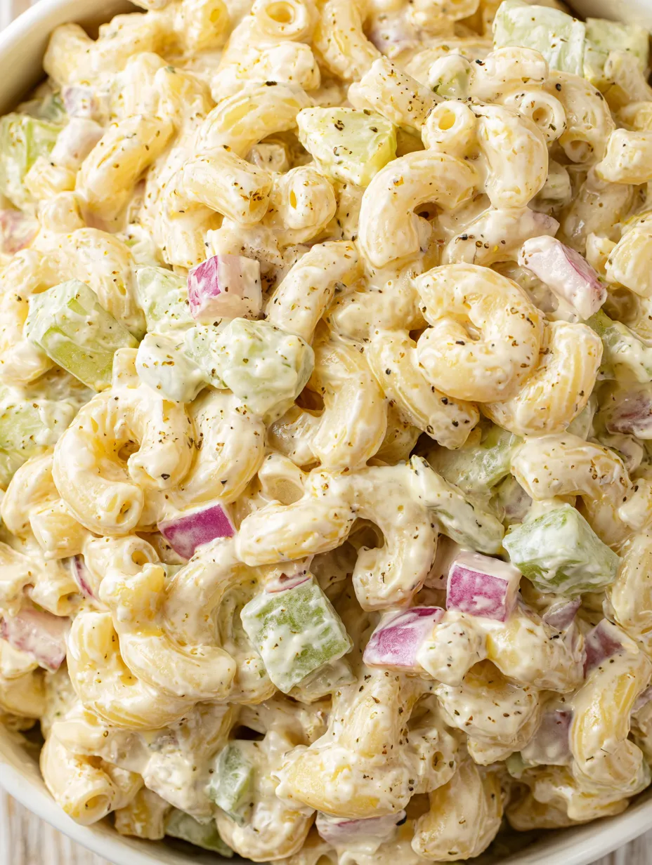 A bowl of macaroni salad with vegetables.