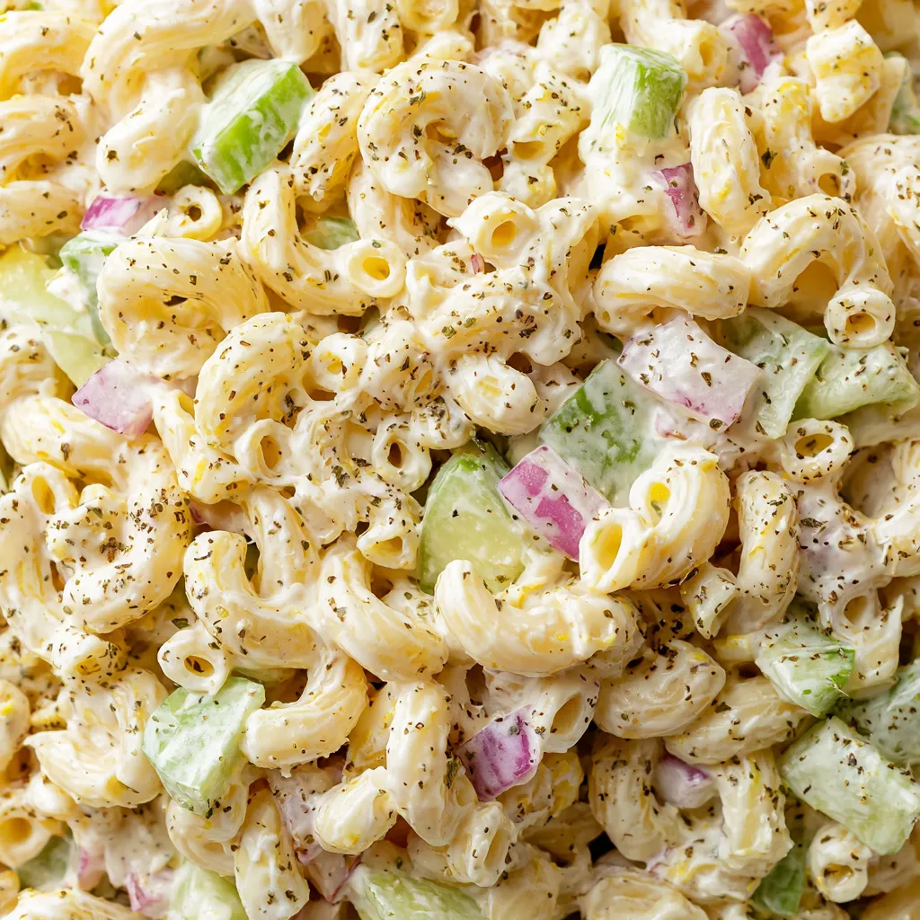 A close up of a macaroni salad.
