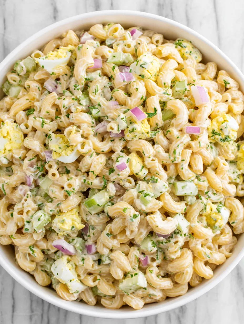 A bowl of macaroni salad with vegetables.
