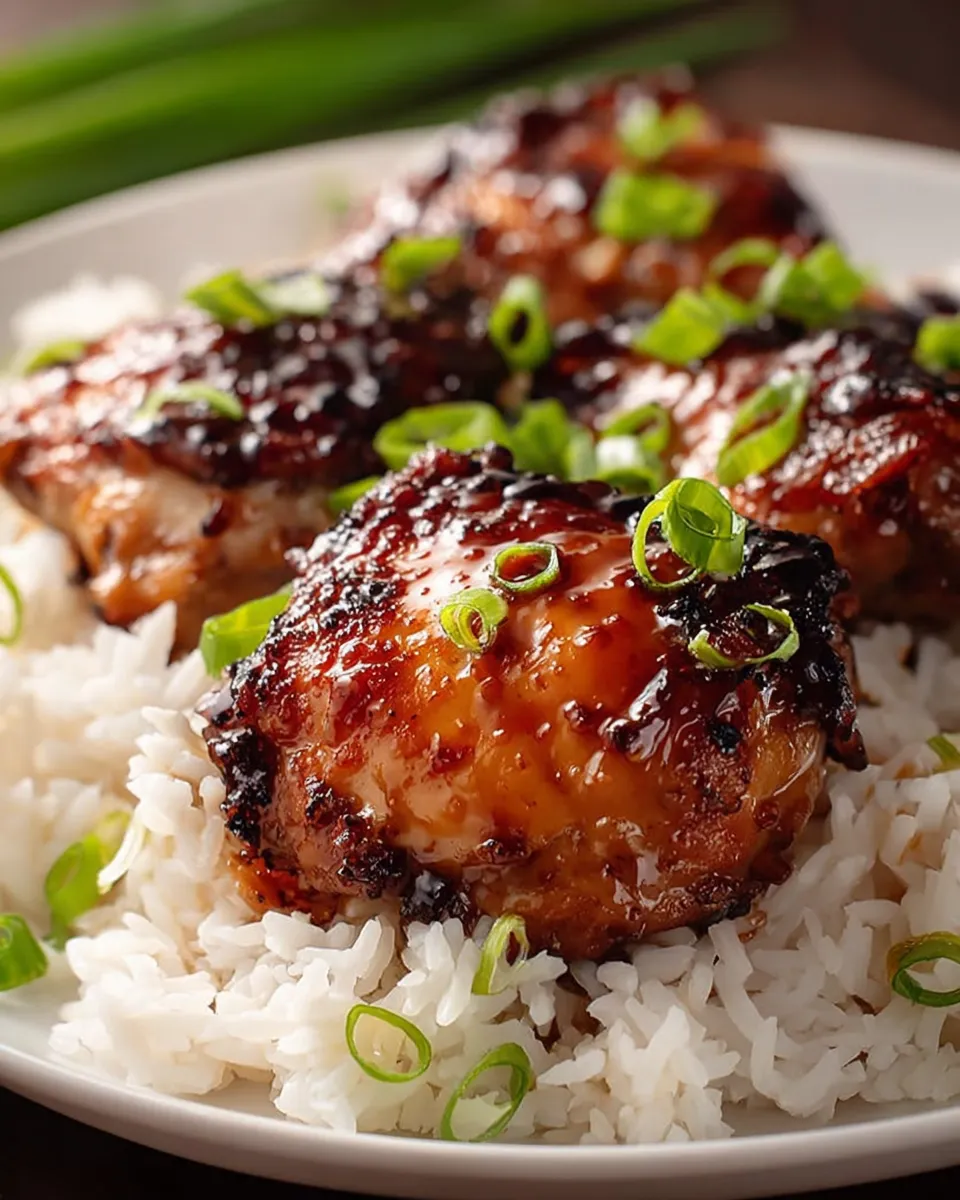 A plate of chicken with rice and green onions.