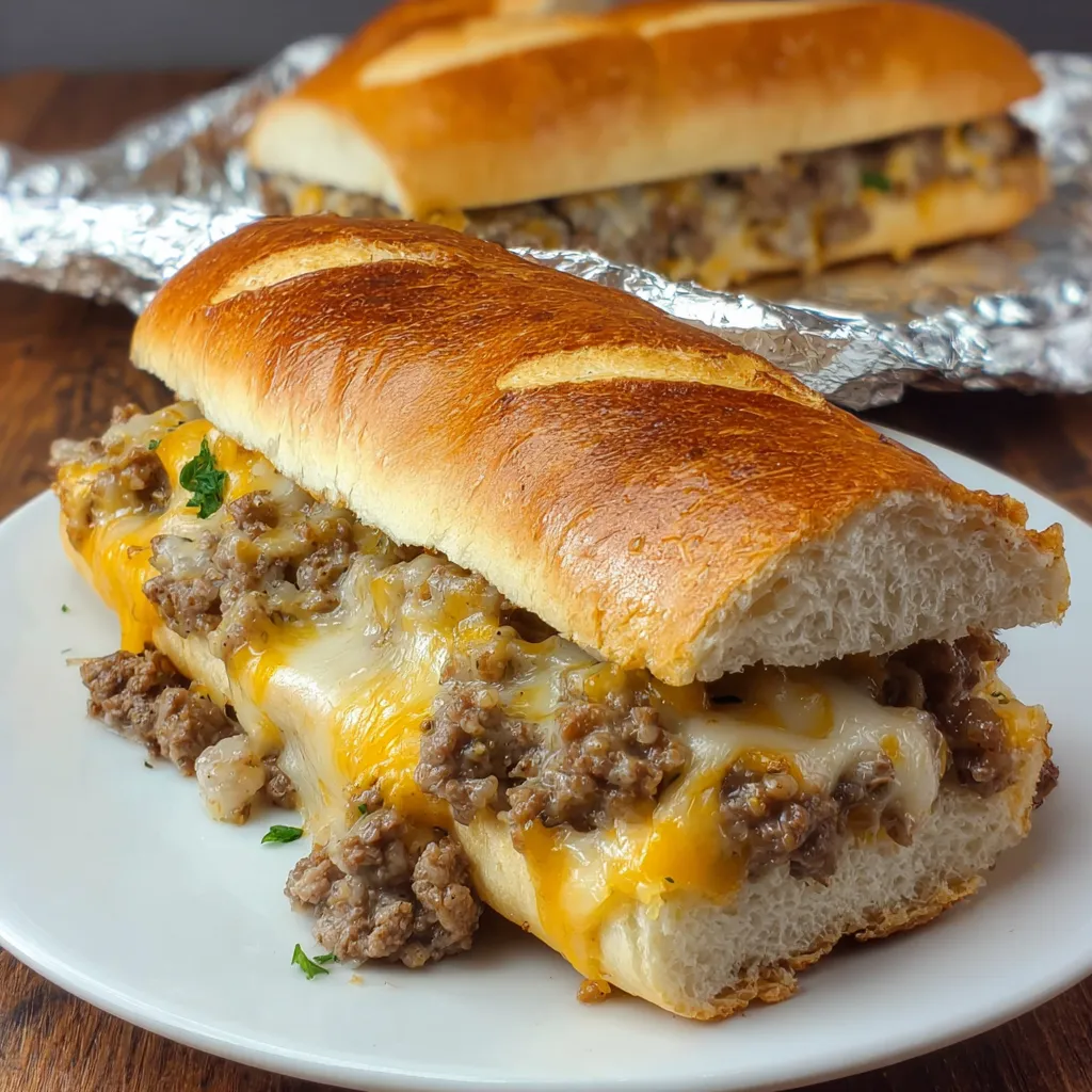A sandwich with meat and cheese on a white plate.