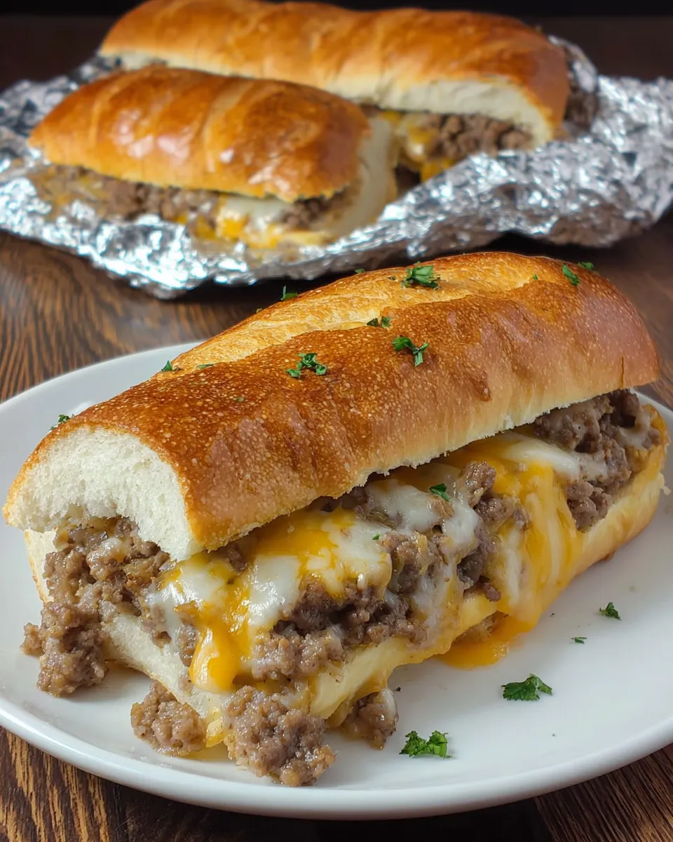 A sandwich with meat and cheese on a plate.