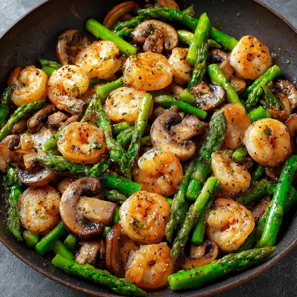 A bowl of stir-fried shrimp, asparagus, and mushrooms.