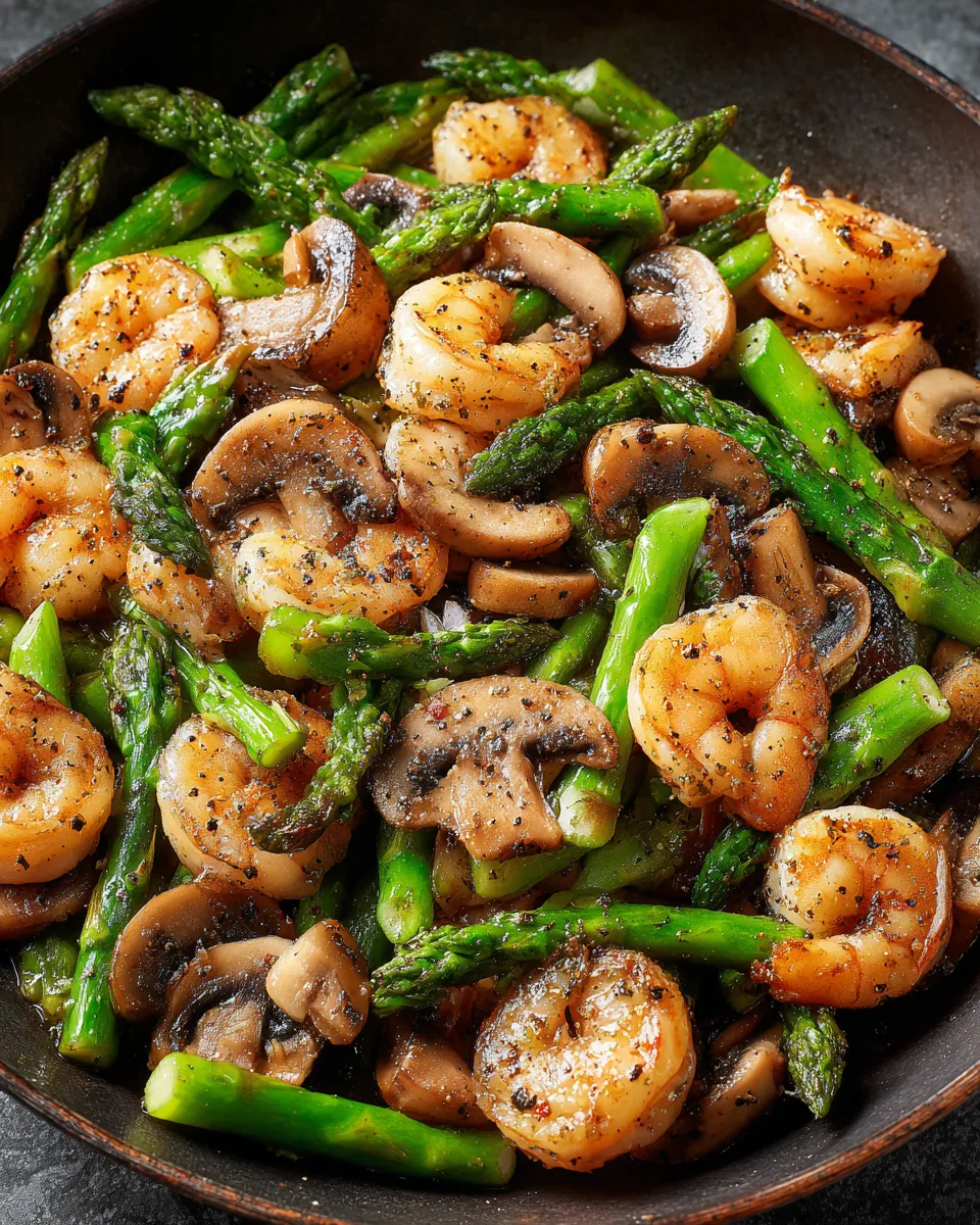A stir-fried dish of shrimp, asparagus, and mushrooms.