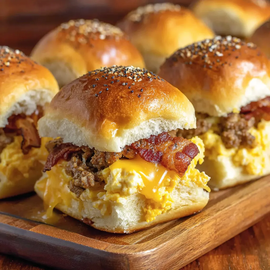A plate of breakfast sliders with bacon and sausage.