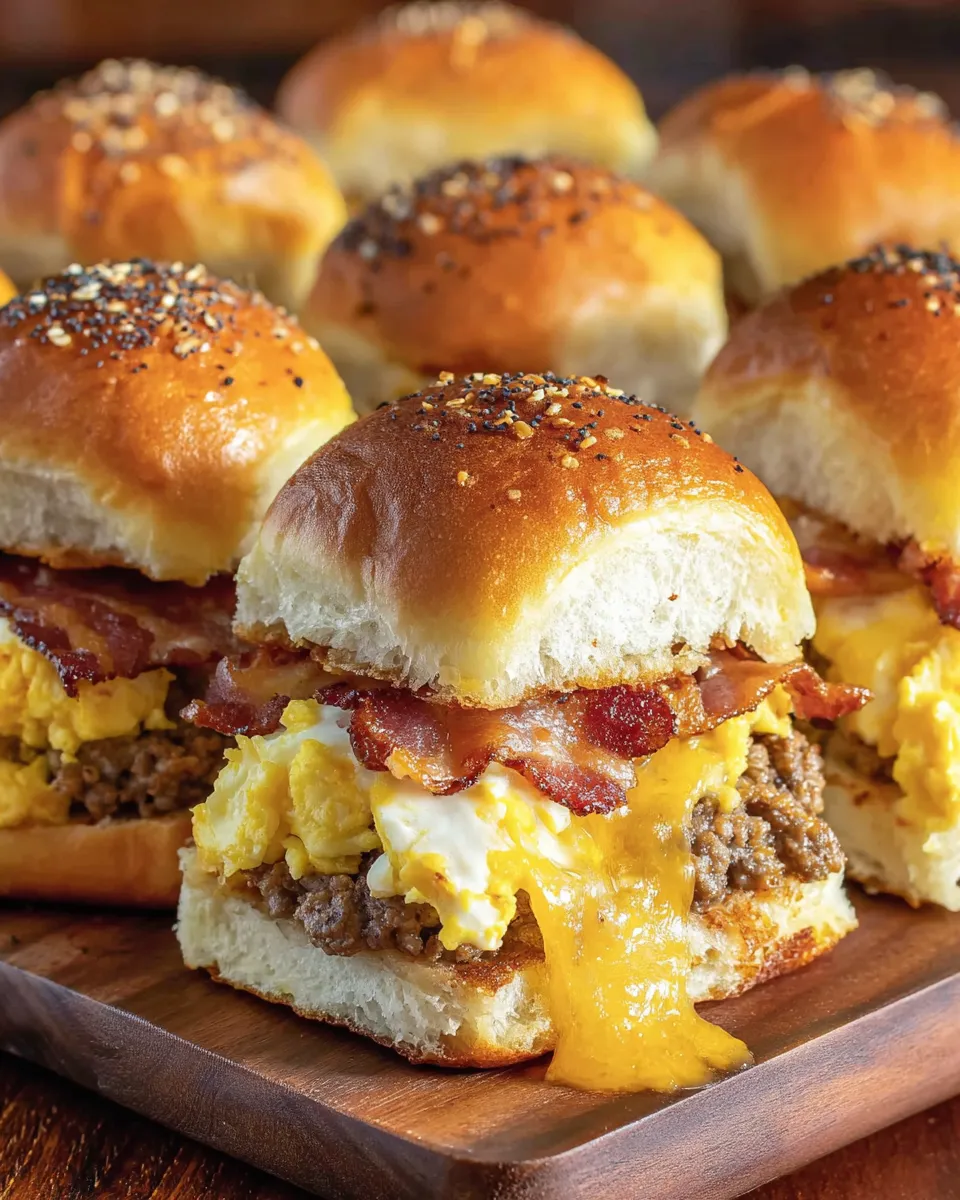 Breakfast sliders with bacon and sausage.
