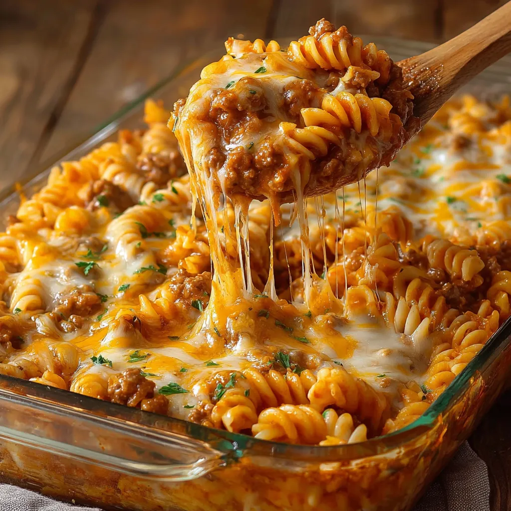 A close up of a cheesy hamburger casserole.