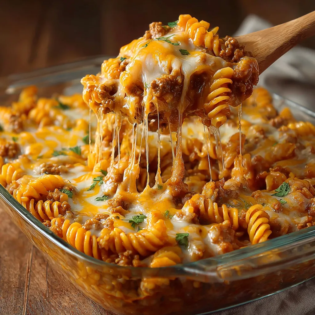A cheesy hamburger casserole is being served.