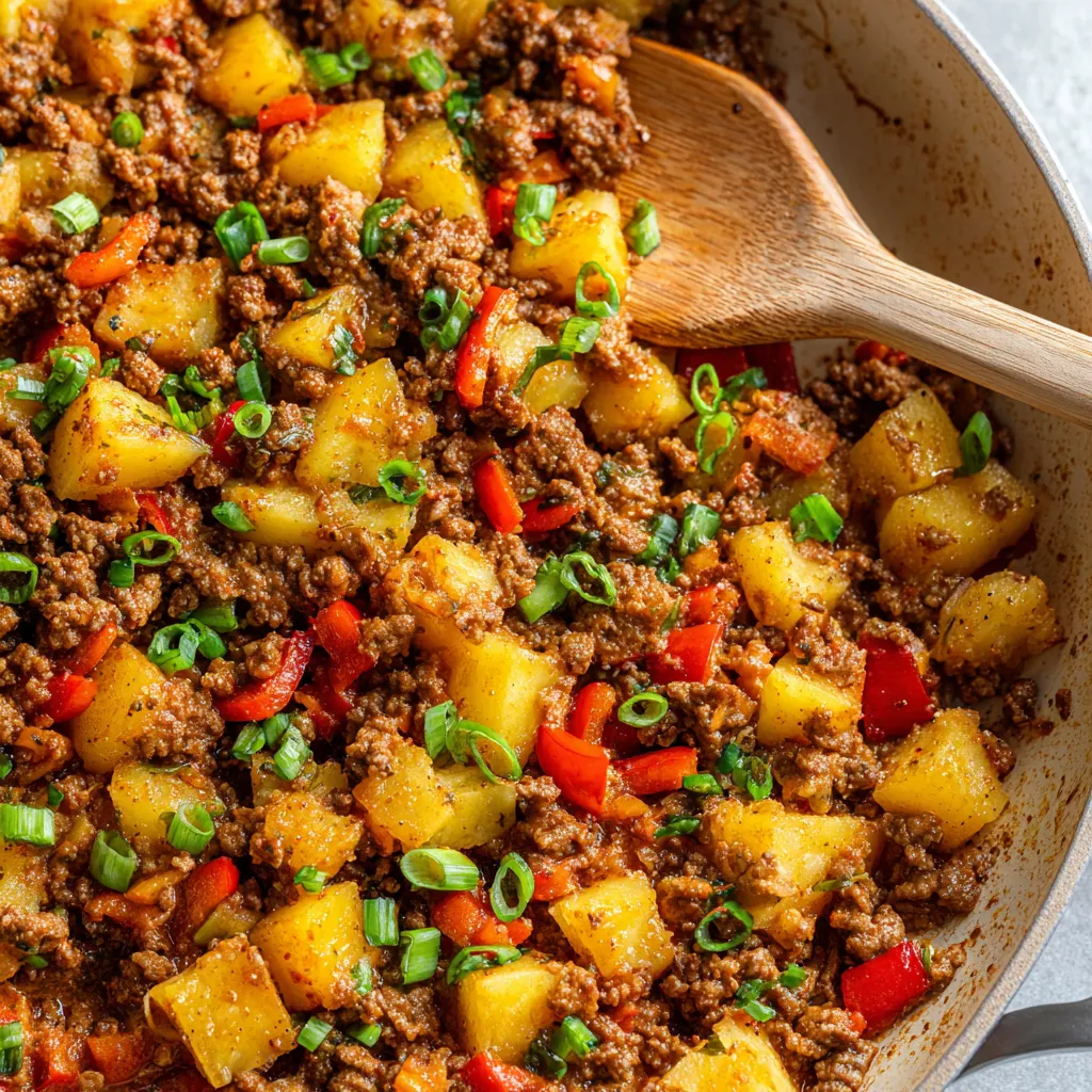 A skillet filled with ground beef and potatoes.