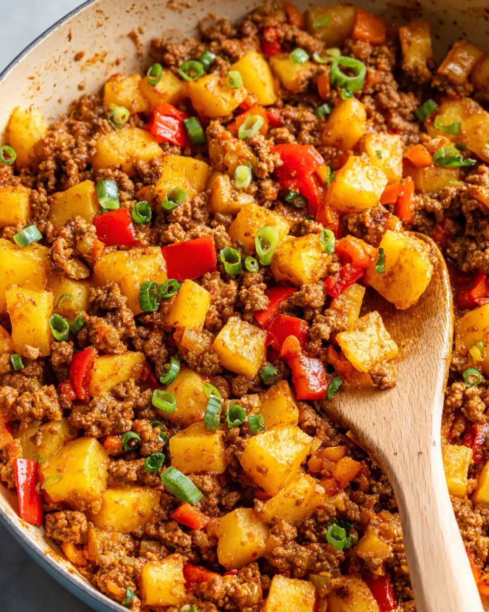 A skillet of ground beef and potatoes.