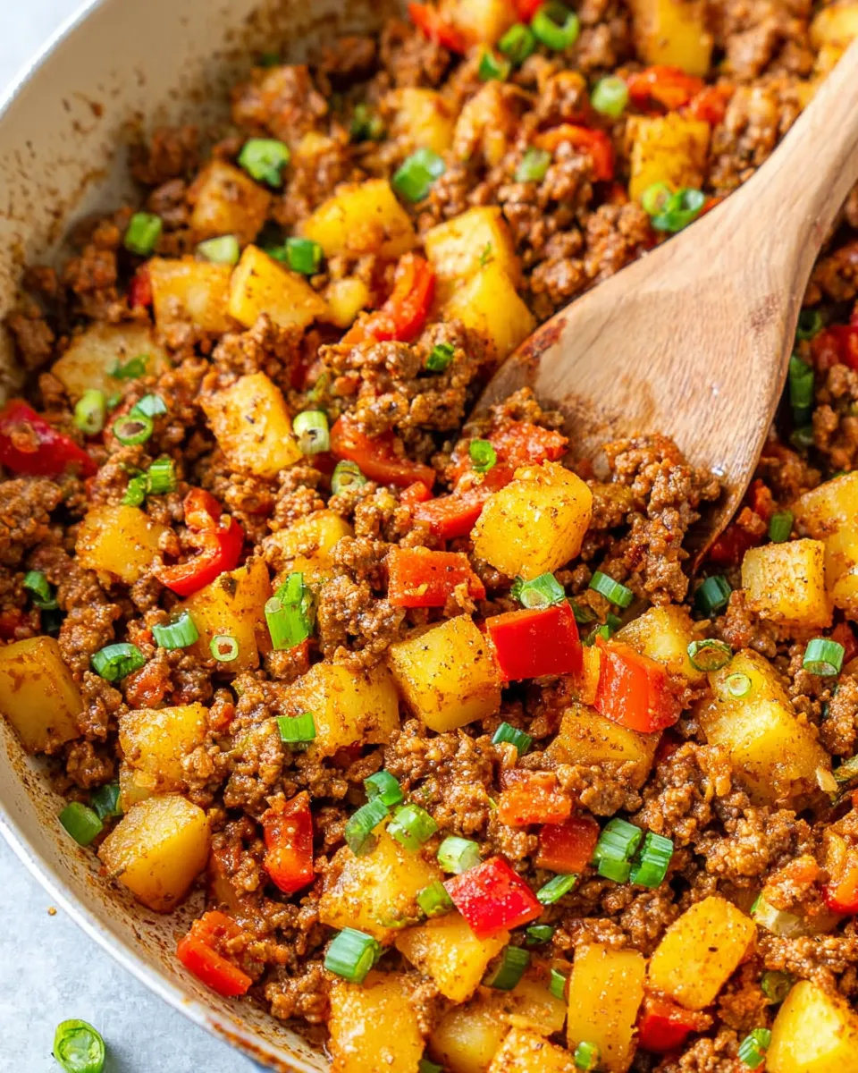A skillet of ground beef and potatoes.