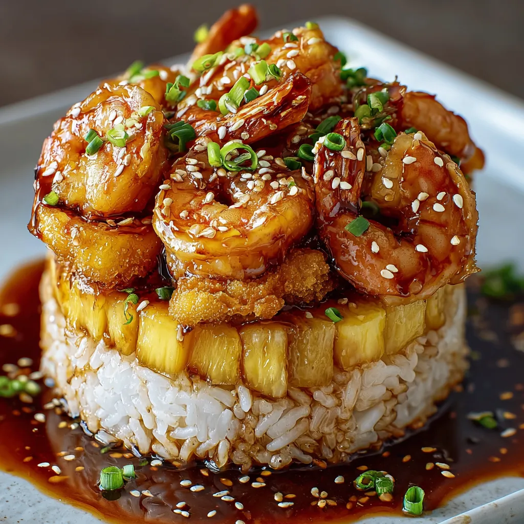 A plate of shrimp with rice and pineapple.