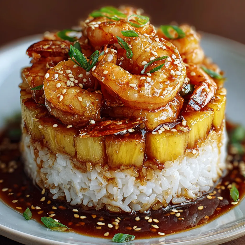 A plate of Teriyaki Shrimp Pineapple Rice Stack.