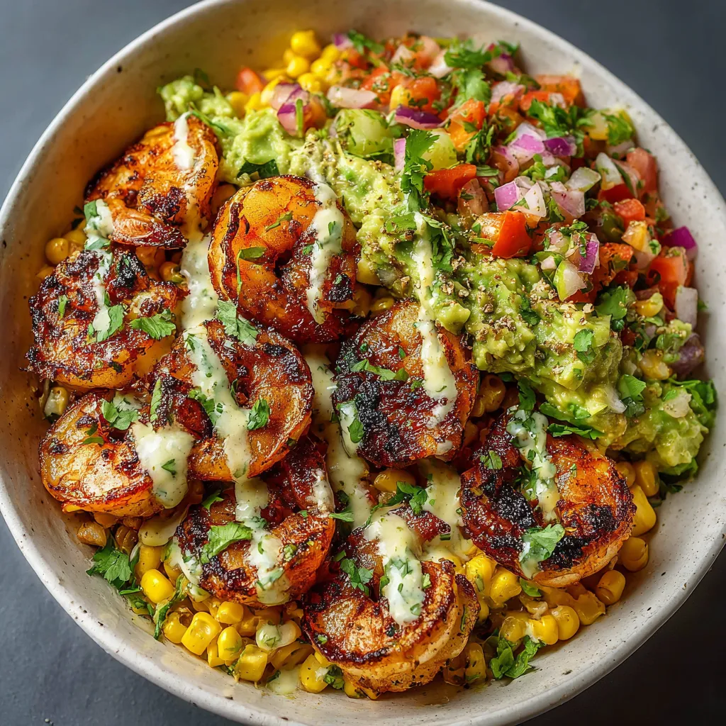 A bowl of grilled shrimp with avocado and corn salsa.