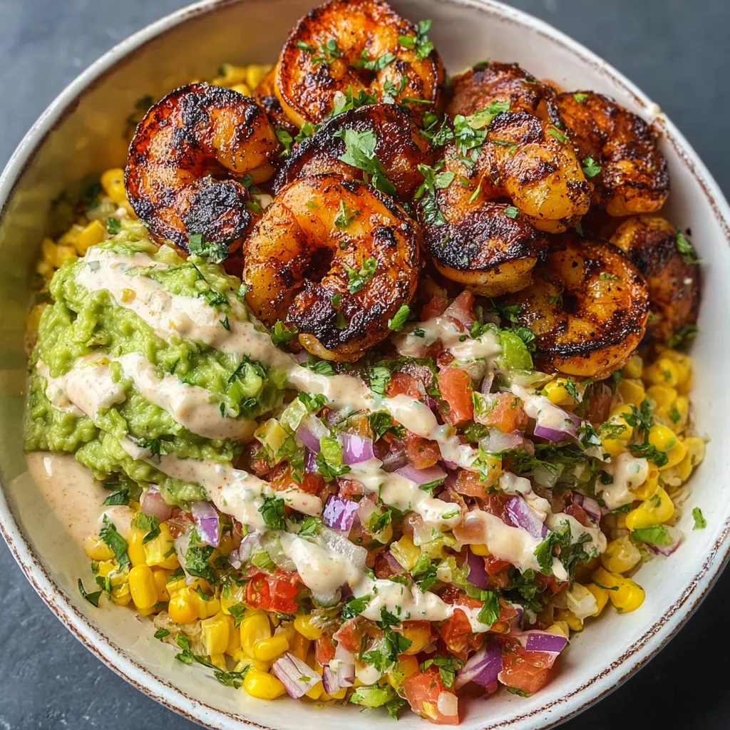 A bowl of grilled shrimp with avocado and corn salsa.