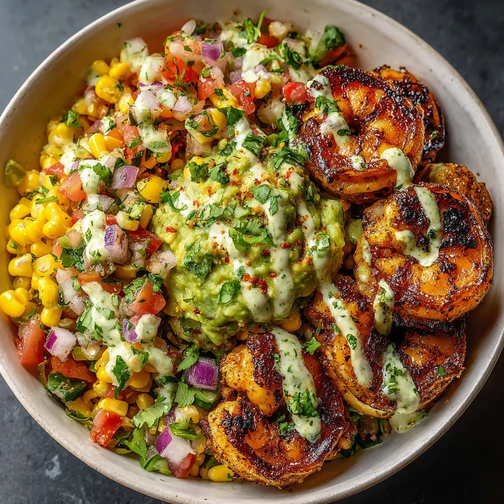 A bowl of grilled shrimp with avocado and corn salsa.