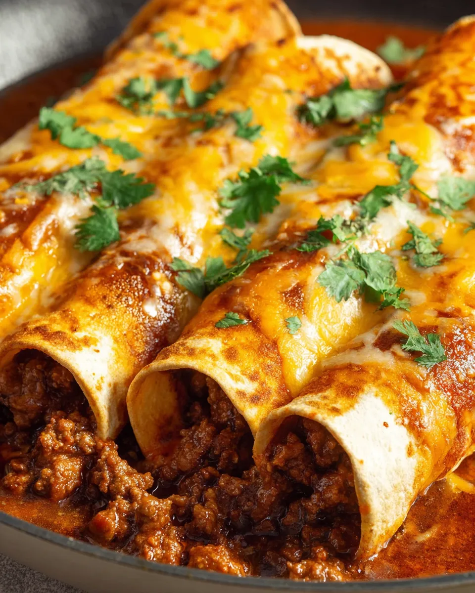 A plate of beef enchiladas with red sauce.