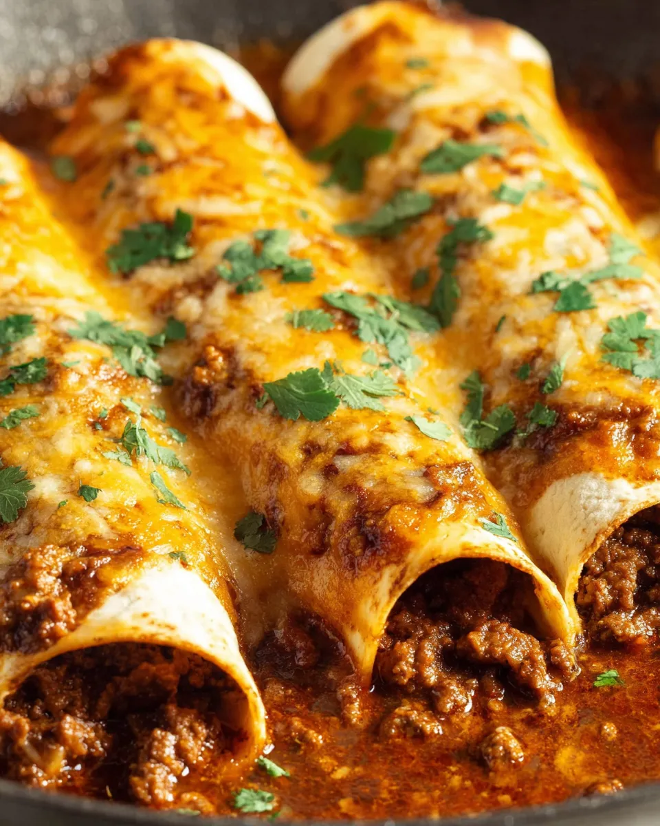 A plate of beef enchiladas with red sauce.