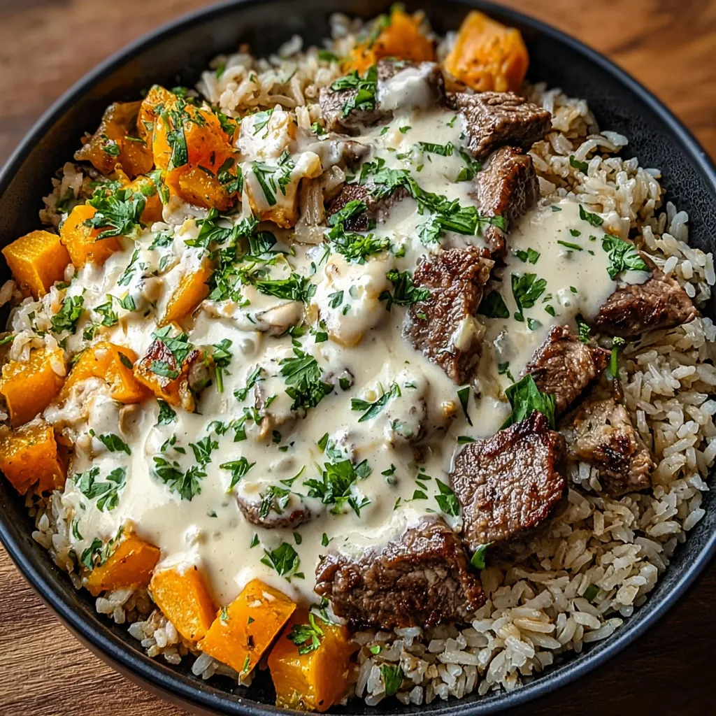 A bowl of rice and meat with a white sauce.