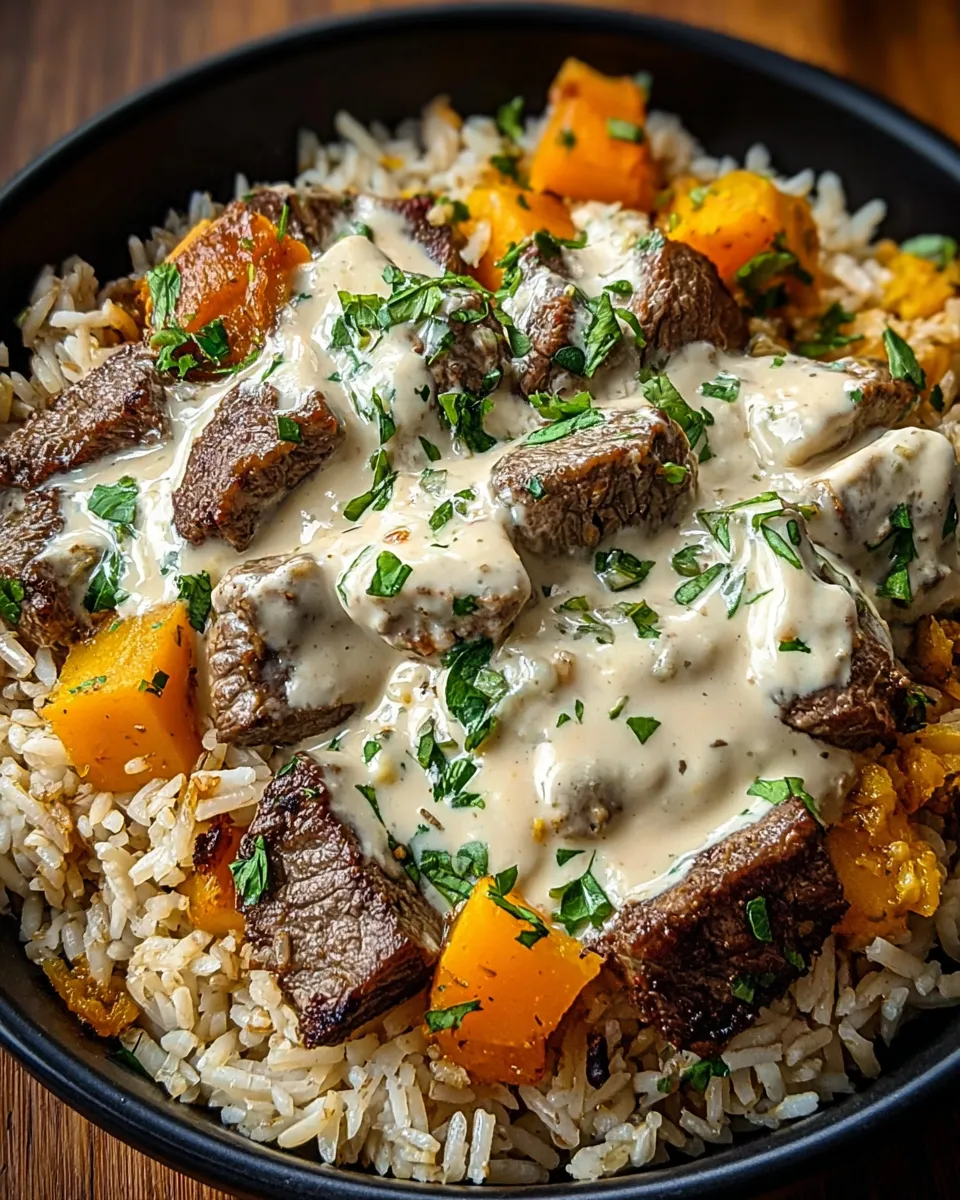 A bowl of rice and meat with a white sauce.