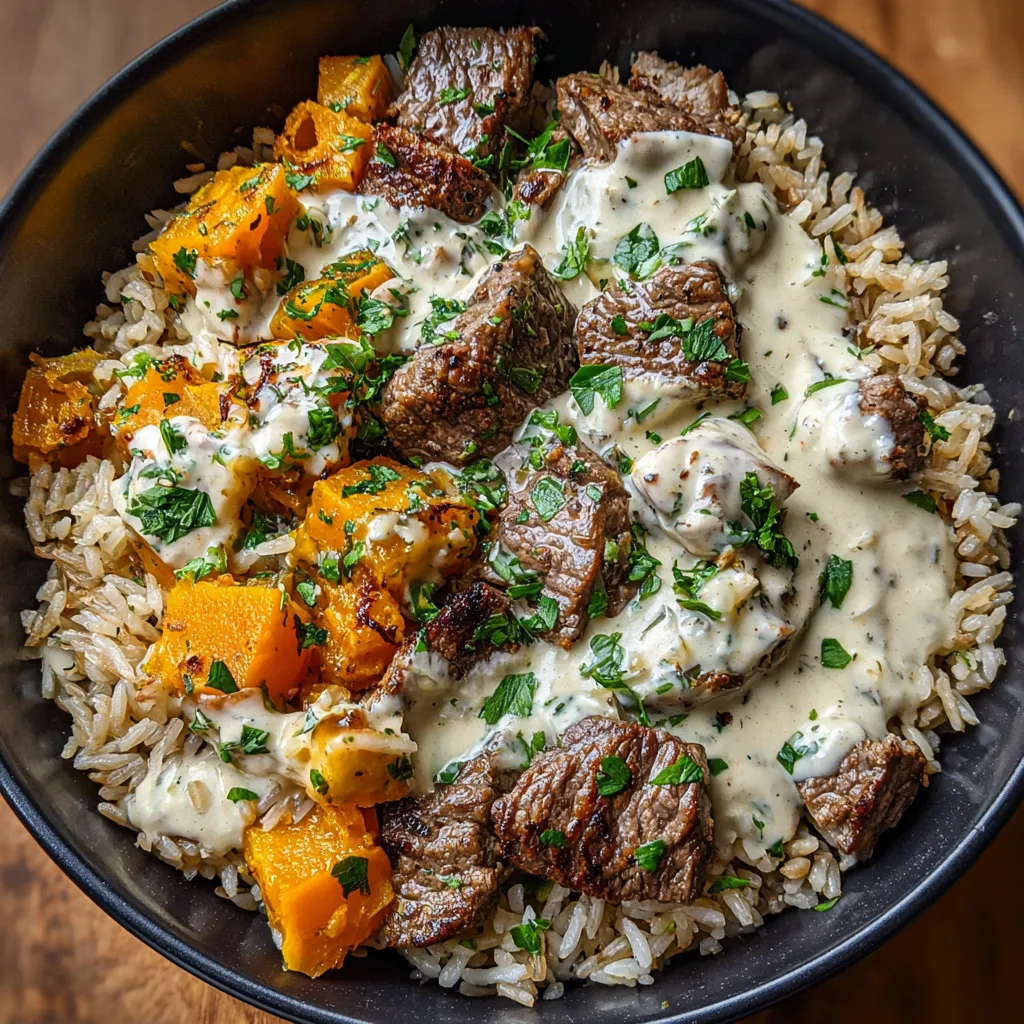 A bowl of steak and rice with a white sauce.