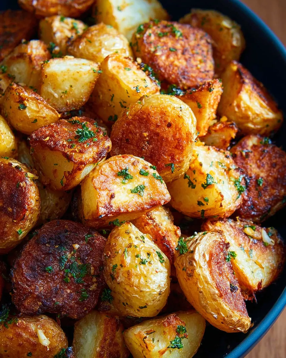 A bowl of roasted potatoes with herbs.