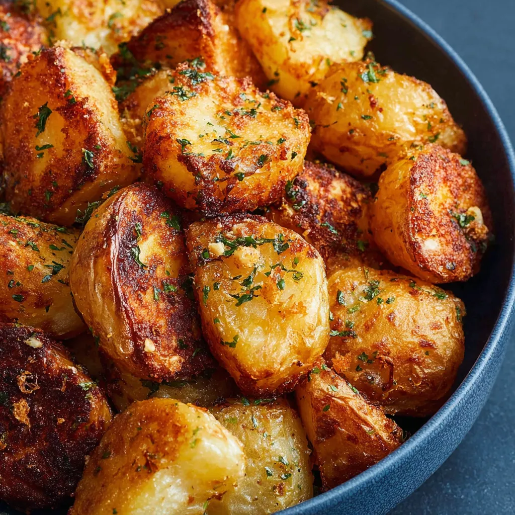 A bowl of roasted potatoes with herbs.