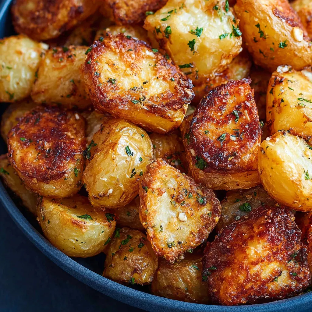 A bowl of roasted potatoes with herbs.