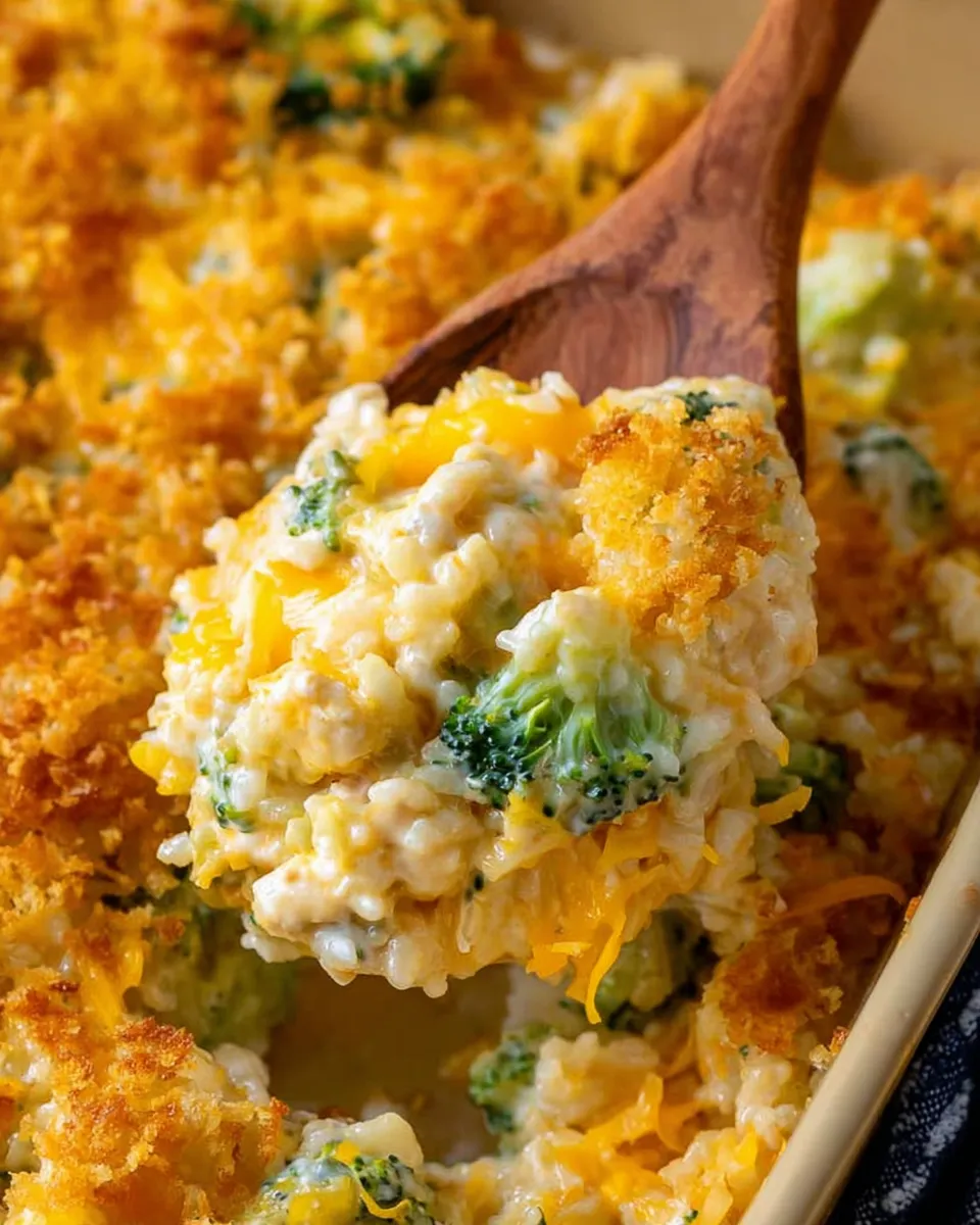 A wooden spoon is in a bowl of chicken, broccoli and rice casserole.