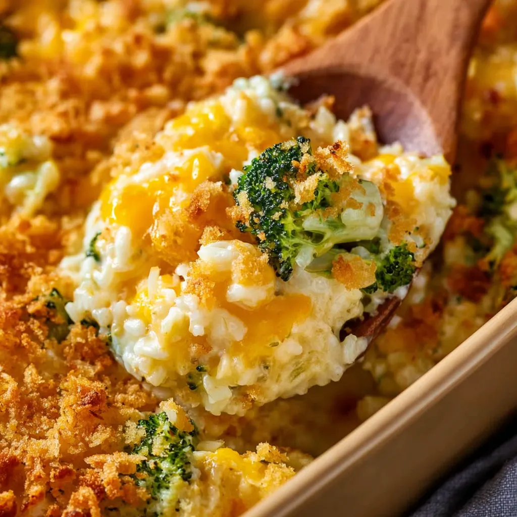 A wooden spoon is in a bowl of chicken, broccoli and rice casserole.
