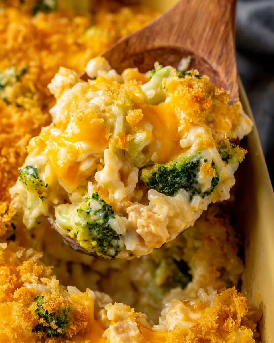 A wooden spoon is in a bowl of chicken, broccoli and rice casserole.